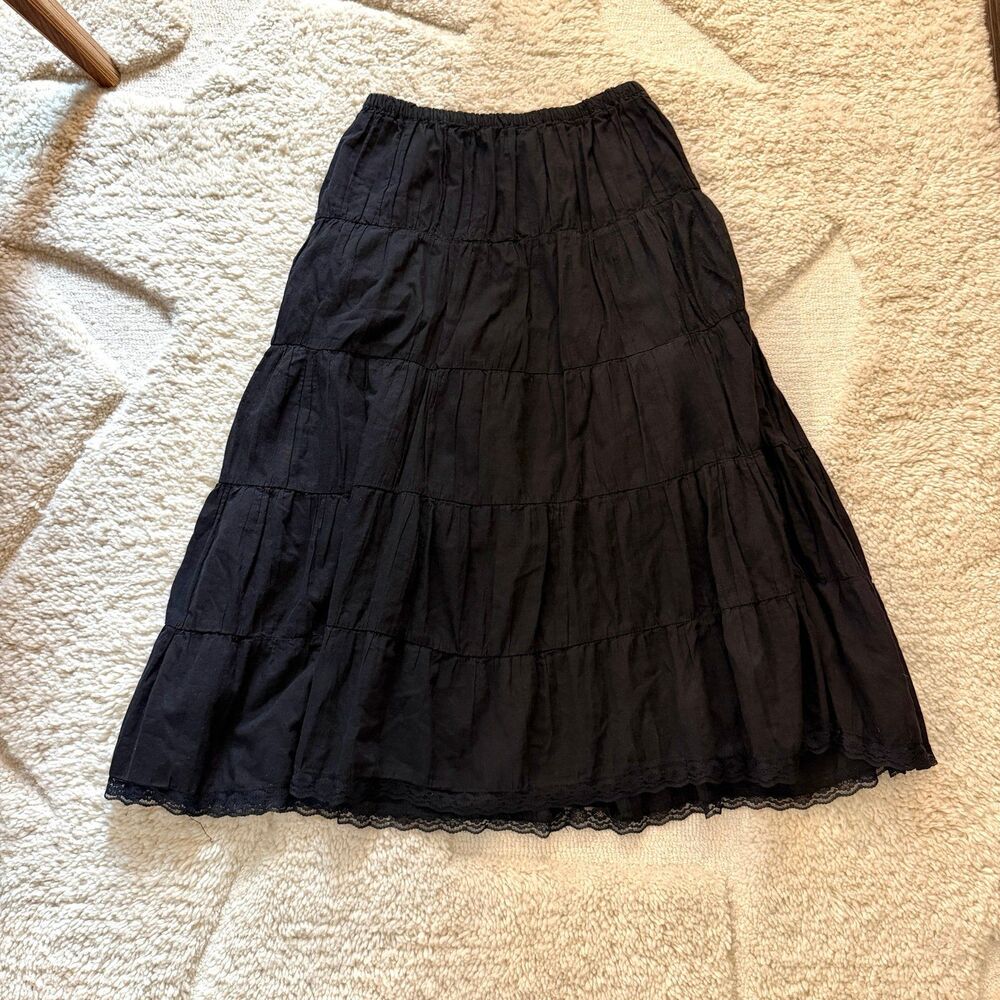 Metro Wear Black 100% Cotton Tiered Skirt S Whimsigoth Fairy Grunge Lace